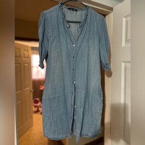 Velvet heart button up, light weight denim look dress with ruffle trim, size med